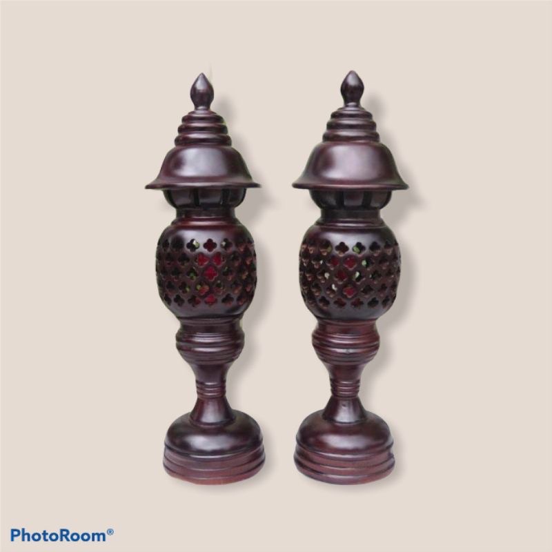 Cặp đèn thờ gỗ xà cừ-Đèn cúng bàn thờ cao 23cm - Màu đen Đồ trang trí