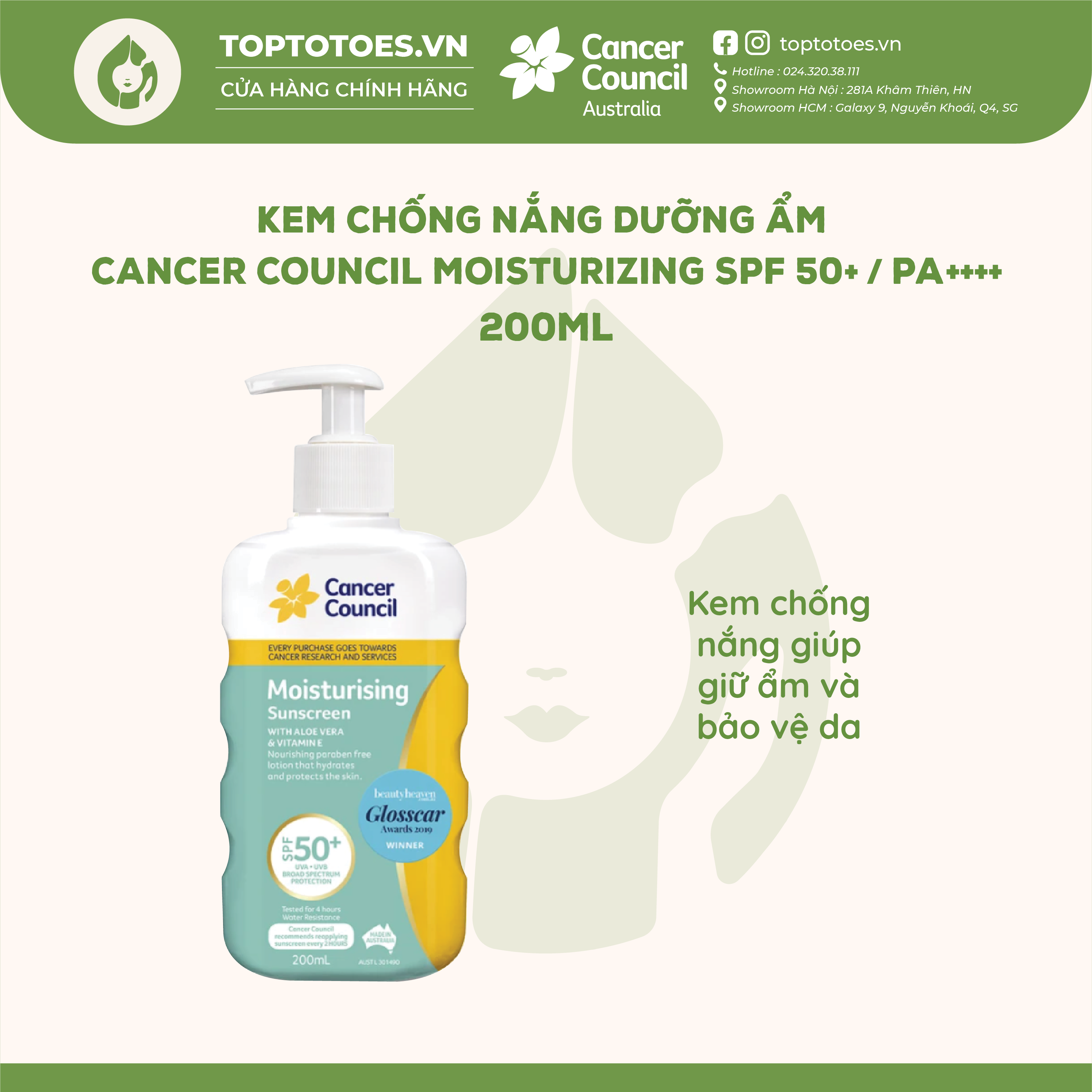 Kem chống nắng Dưỡng ẩm Cancer Council Moisturizing SPF 50+/ PA ++++