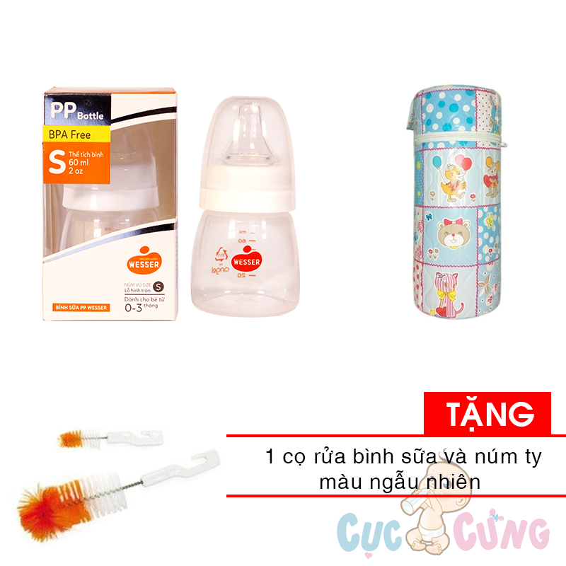 Bình sữa Wesser Nano Silver cổ thường 60ml + 1 cọ rửa bình sữa TẶNG ủ bình sữa đơn màu ngẫu nhiên