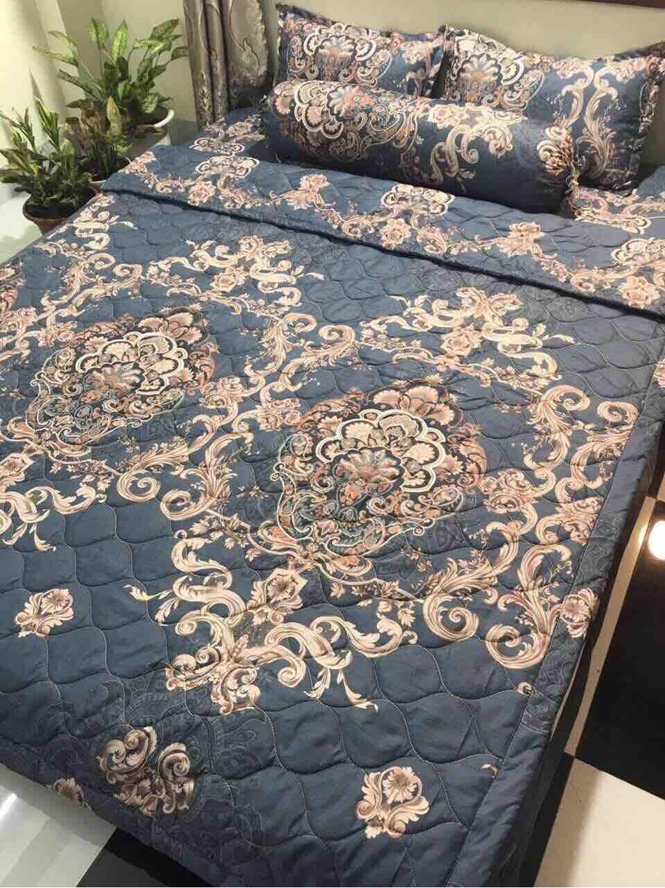 (FreeShip MAX) Bộ Chăn Ga Gối Combo 5 Món , Thổ Cẩm Xanh -kovico  drap giường, ga giường, ra giường, drap trải giường,ga trải giường, drap trải giường đẹp ga trải giường cưới, bộ ga trải nệm mát, ga giường cưới,Ga giường spa