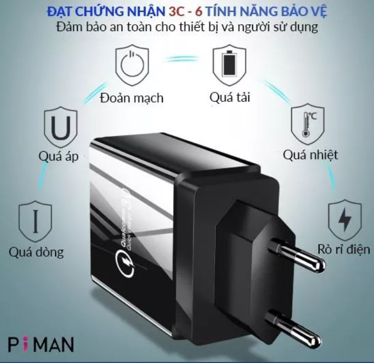 Củ Sạc Nhanh Piman 20W Samsung Oppo Quick Charge 3.0 Kéo Dài Tuổi Thọ Cho Pin Tặng kèm Cáp Sạc 3 Đầu