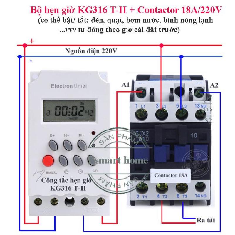 Bộ công tắc hẹn giờ KG316 T-II và contactor 18A dùng để bật tắt thiết bị điện công suất lớn