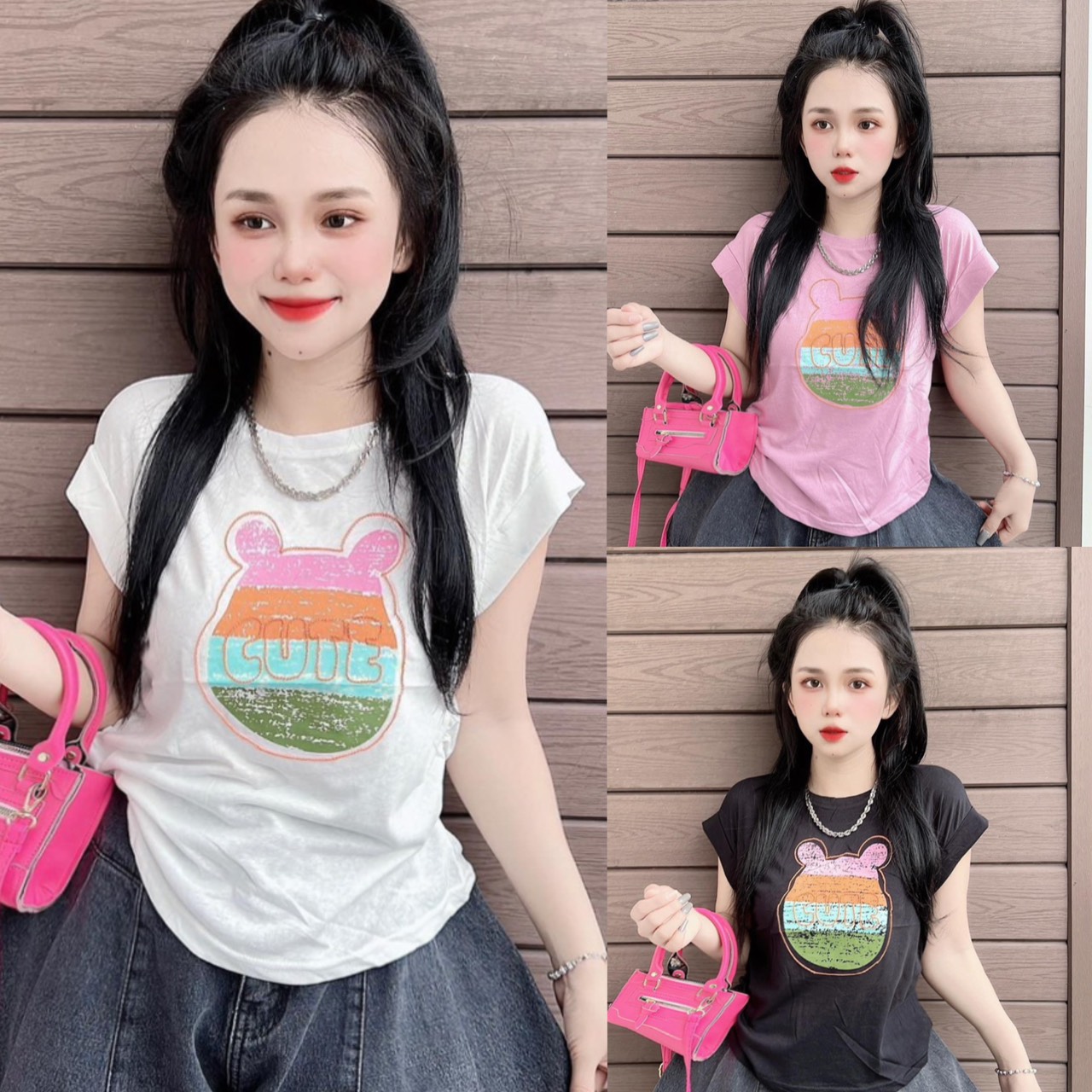 Áo thun Thái nữ dáng vừa phối chữ ( Mã CUTE phom vừa )