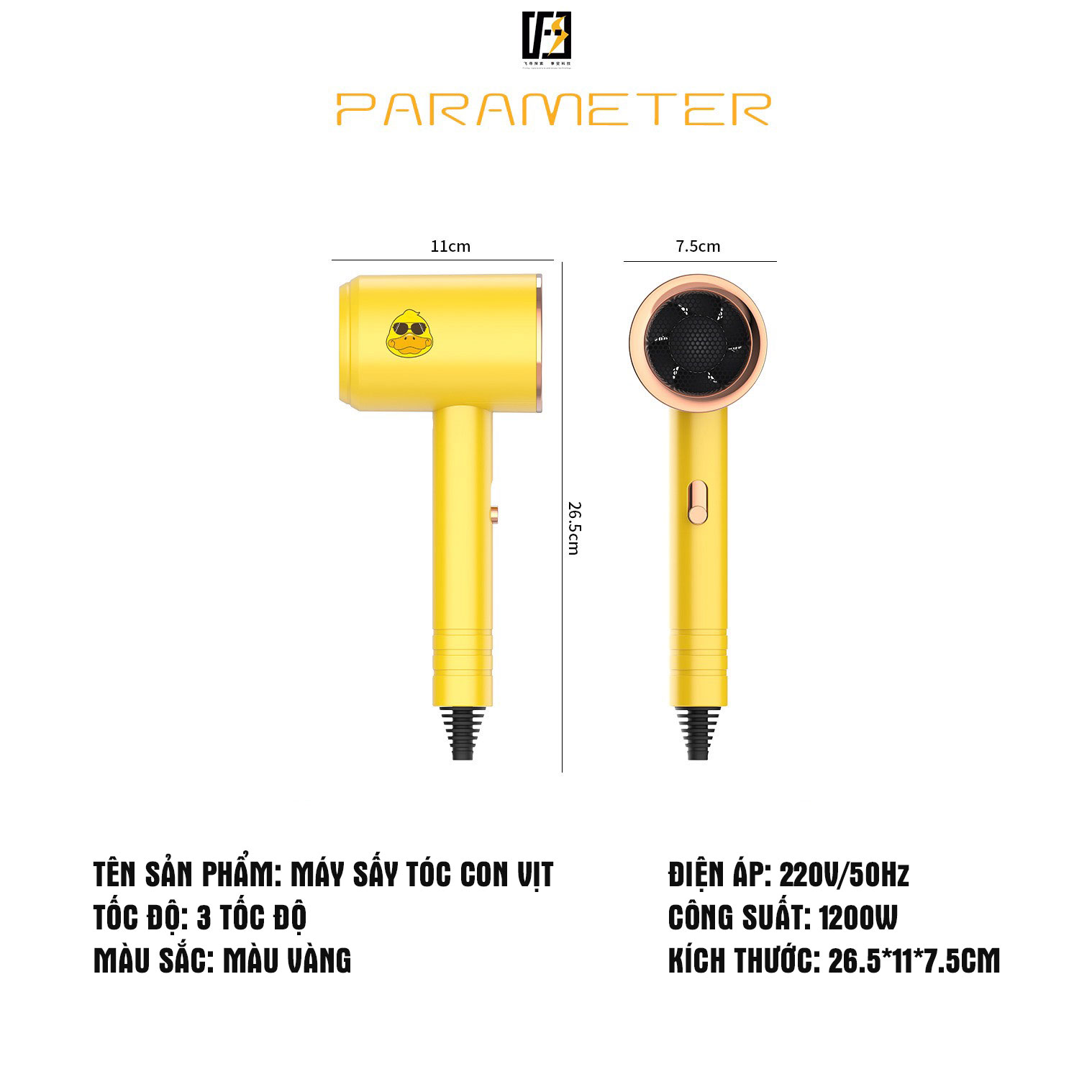 Máy sấy tóc mini PARAMETER công suất 1200W kèm mỏ sấy, 2 chiều nóng lạnh, 3 tốc độ gió