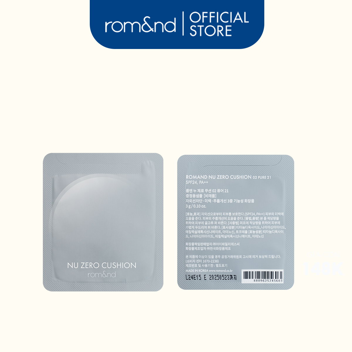 [HB GIFT] [Rom&nd] Sample Romand Nu Zero Cushion SPF24/PA++ #02 Pure 21 [Hàng tặng không bán]