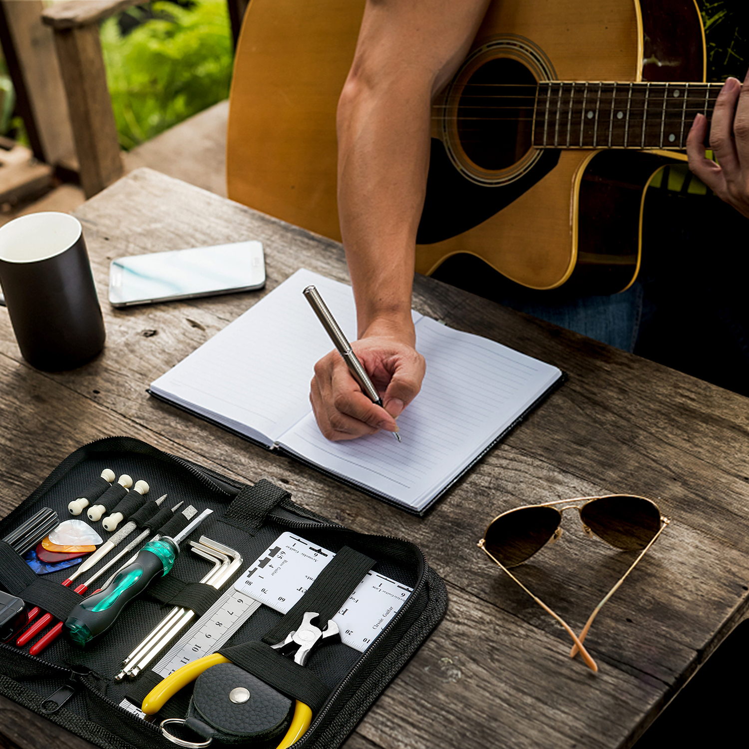 Guitar Repairing Maintenance Cleaning Tool Kit Includes String Action Ruler & Gauge Measuring Tool & Hex Wrench Set & Files & String Winder & String Cutter & Bridge Pins & Picks & Picks Bag for Guitar Ukulele Bass Mandolin Banjo