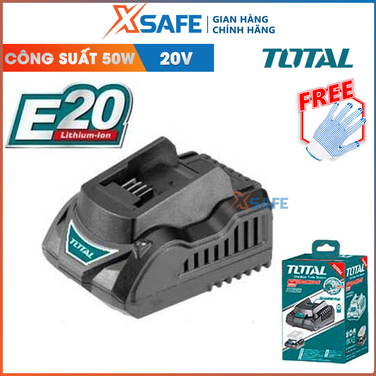 Intelligent battery charger E20 total TCLIE2002. Intelligent battery charger 20V rated current 1.5a, rated power 50W, fit all products total battery E20-distribution genuine xsafe