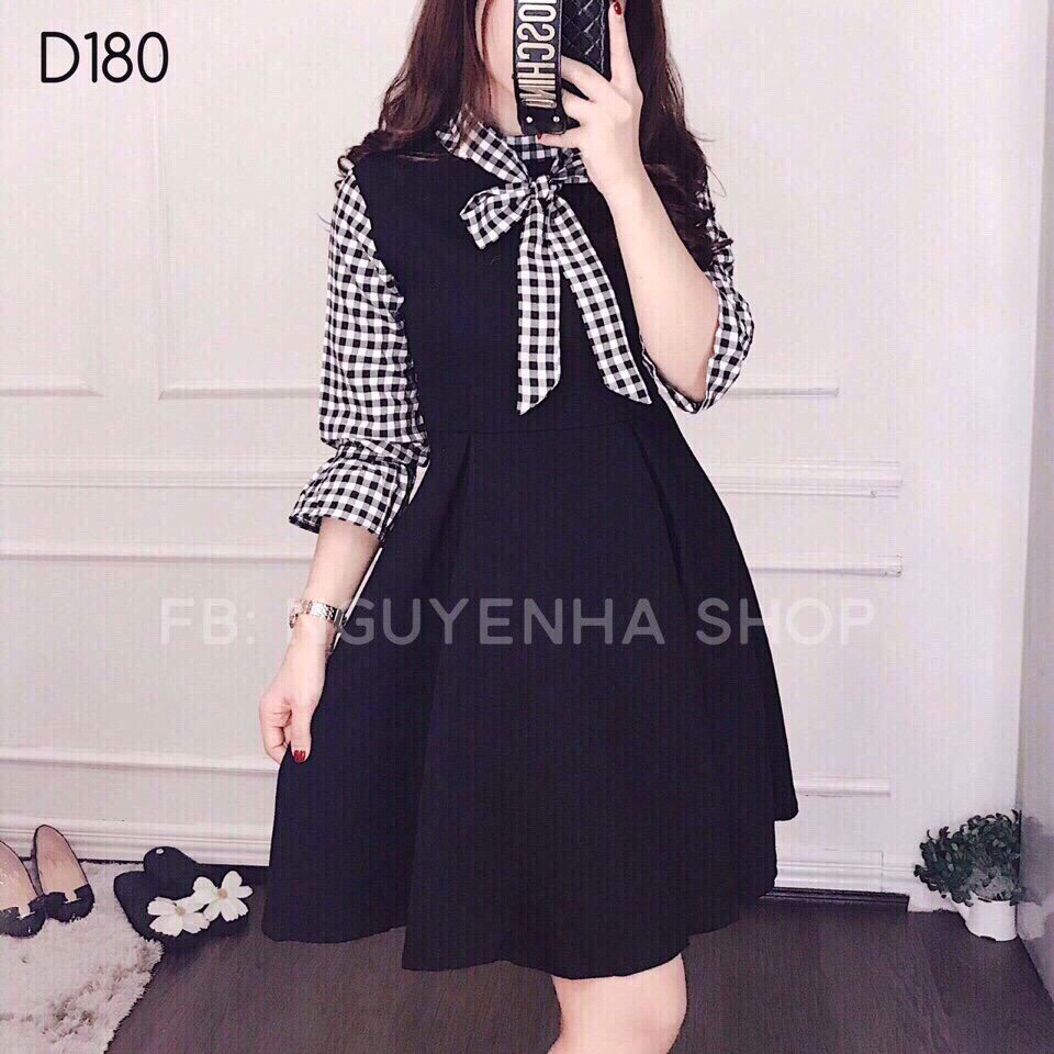 Đầm xòe đen phối tay caro kèm dây thoắt bánh bèo TTSA0084