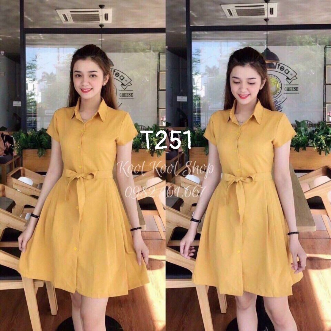 Đầm sơmi dáng xoè tay ngắn chéo nhung có dây cột eo kiểu hàn T251