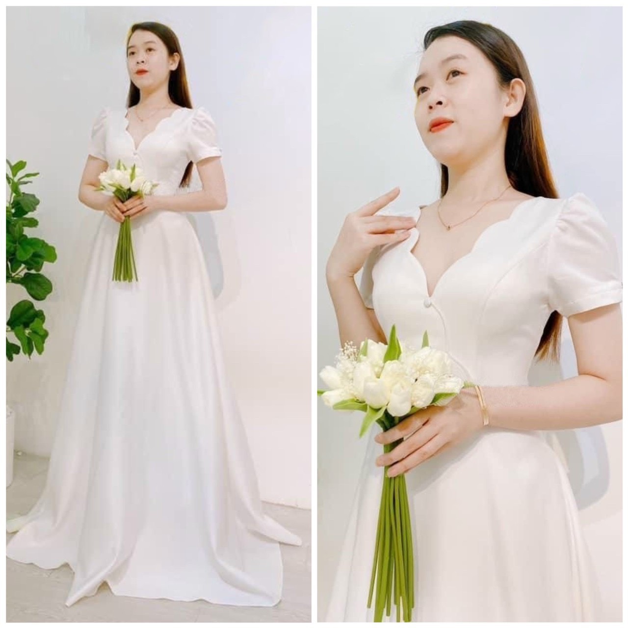 Đầm maxi dự tiệc mặc cưới cổ V gợn sóng TRIPBLE T DRESS tay ngắn phồng - size S/M/L - MS114Y