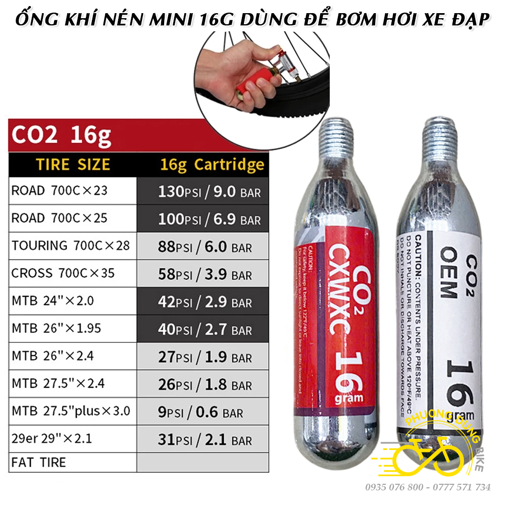 Bình khí nén CO2 bơm hơi xe đạp 16G