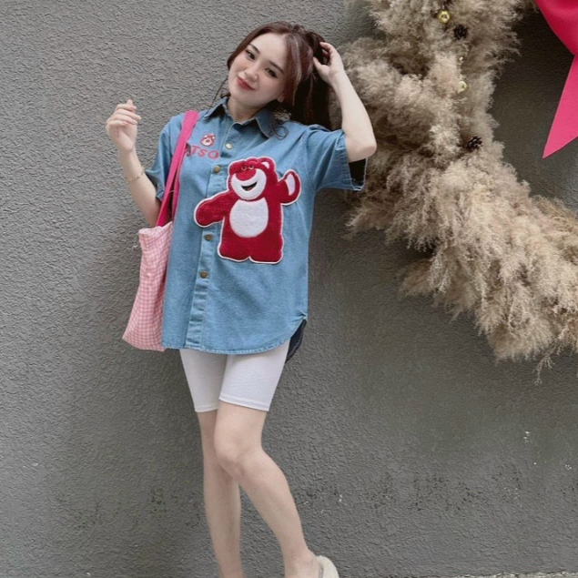 Áo sơ mi Jean Bigsize gấu thêu đỏ (60-90Kg) MN18
