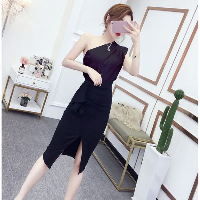 Áo phi lụa lệch vai chanh xả