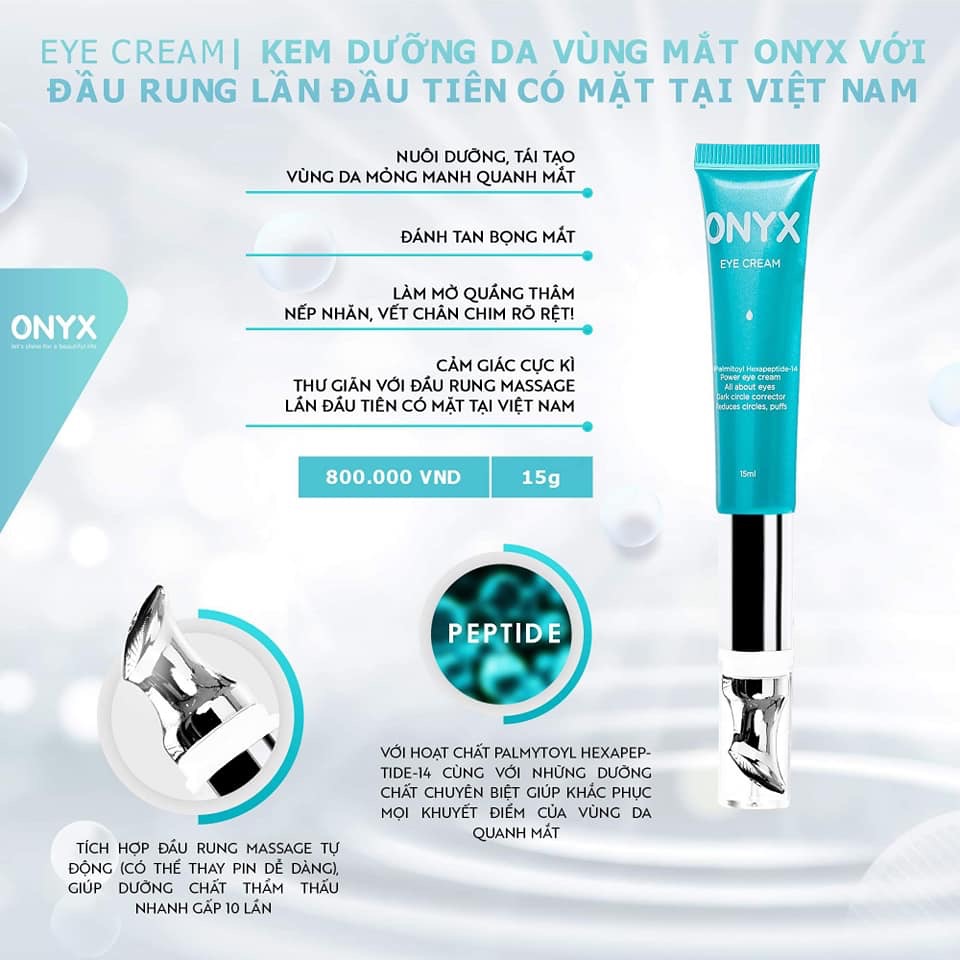 Kem mắt ONYX Bảo Thy giúp dưỡng ẩm làm sáng da vùng mắt,giảm thâm quầng,giảm nếp nhăn bọng mắt và ngăn ngừa lão hoá da vùng mắt