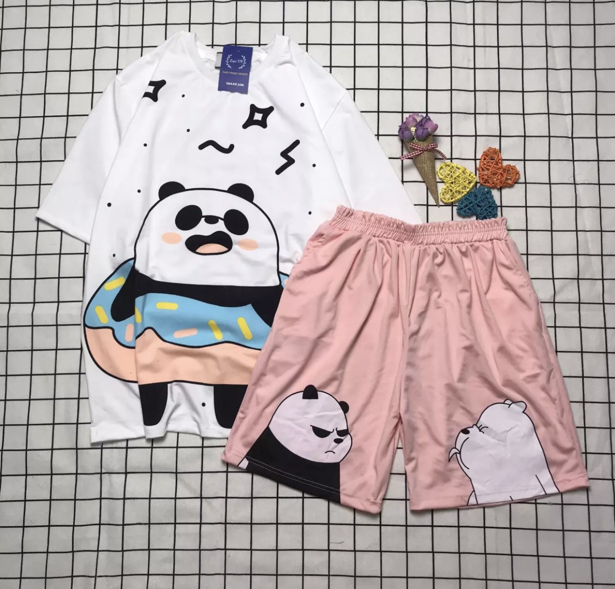 Đồ bộ 3d gấu trúc ôm phao dễ thương - freesize 70kg, thun coton thoáng mát, đồ bộ unisex ttslb0010