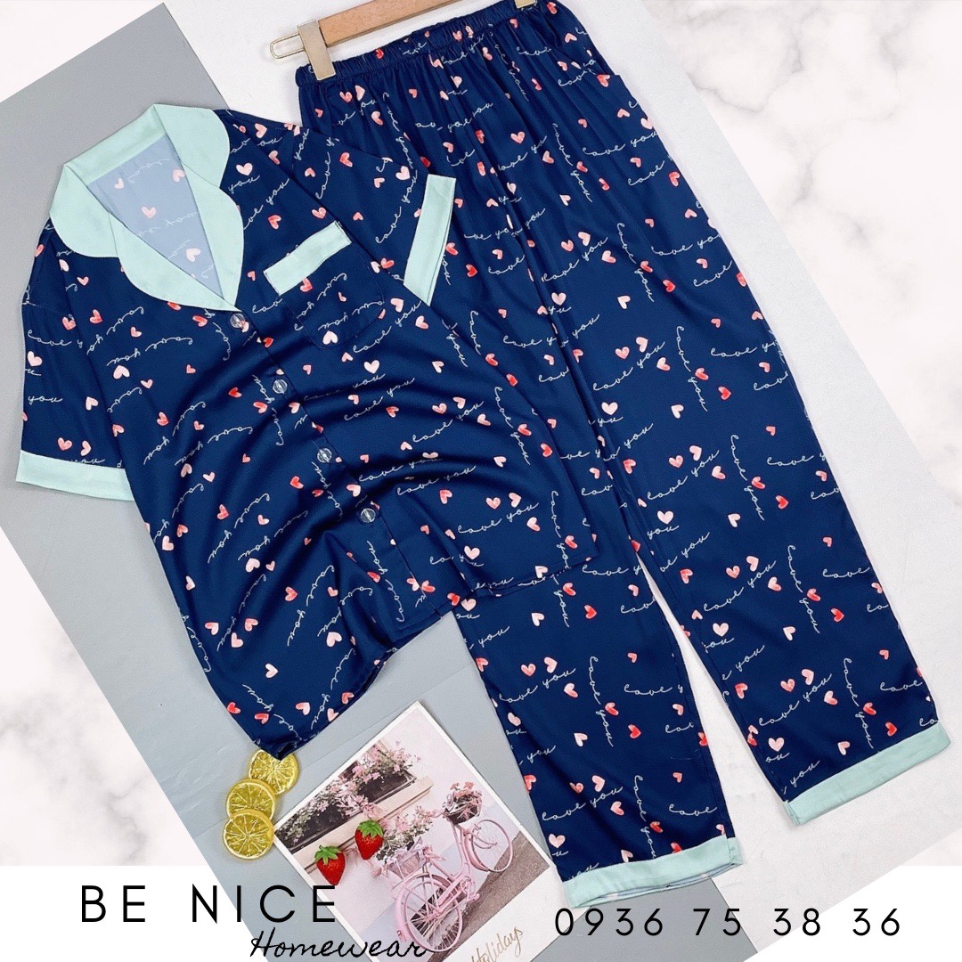 Set pijama lụa mặc nhà cổ phối màu tay ngắn quần dài