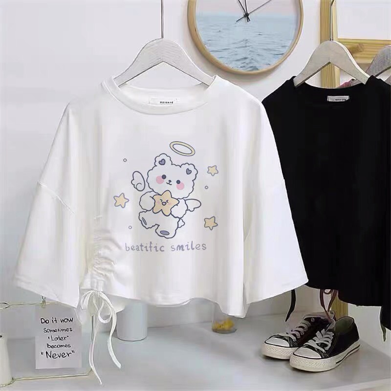 ÁO CROPTOP DÂY RÚT EO IN HÌNH DỄ THƯƠNG