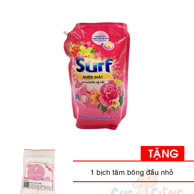 Nước giặt Surf hương cỏ hoa dịu kỳ túi 2.9kg Tặng 1 bịch tăm bông đầu nhỏ