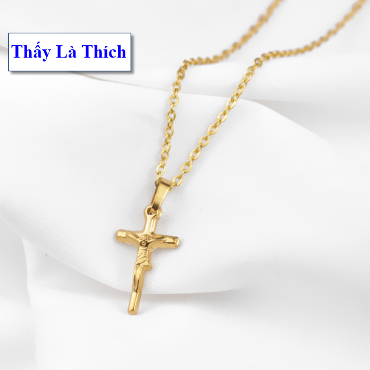 Titanium necklaces gold for children face Cross Jesus-child safety-commitment 1 Đổi 1 if Hoen, rust