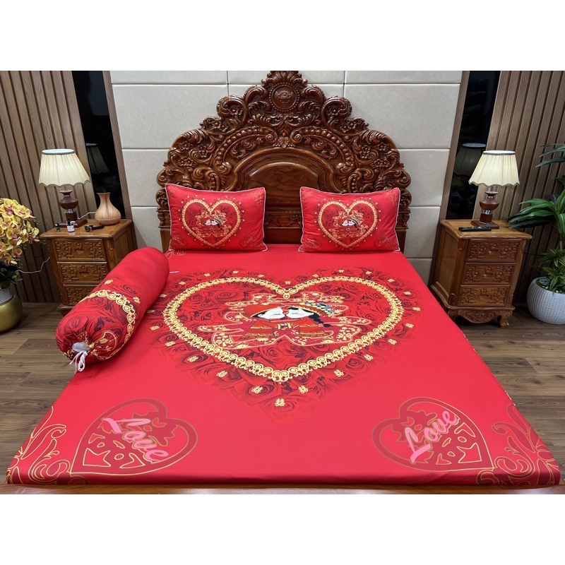 Drap Cưới, bộ ga gối mẫu cưới thun siêu mát lạnh in 5D Cao Cấp