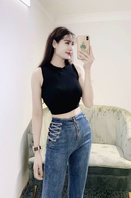 Quần bò đan dây