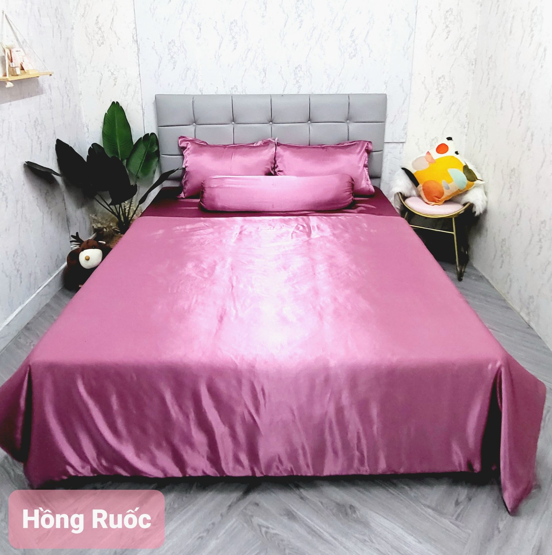 Bộ 5 món 4 món Chăn ga phi lụa Thái Tuấn cao cấp loại 1 - Mã màu phi lụa Hồng Ruốc
