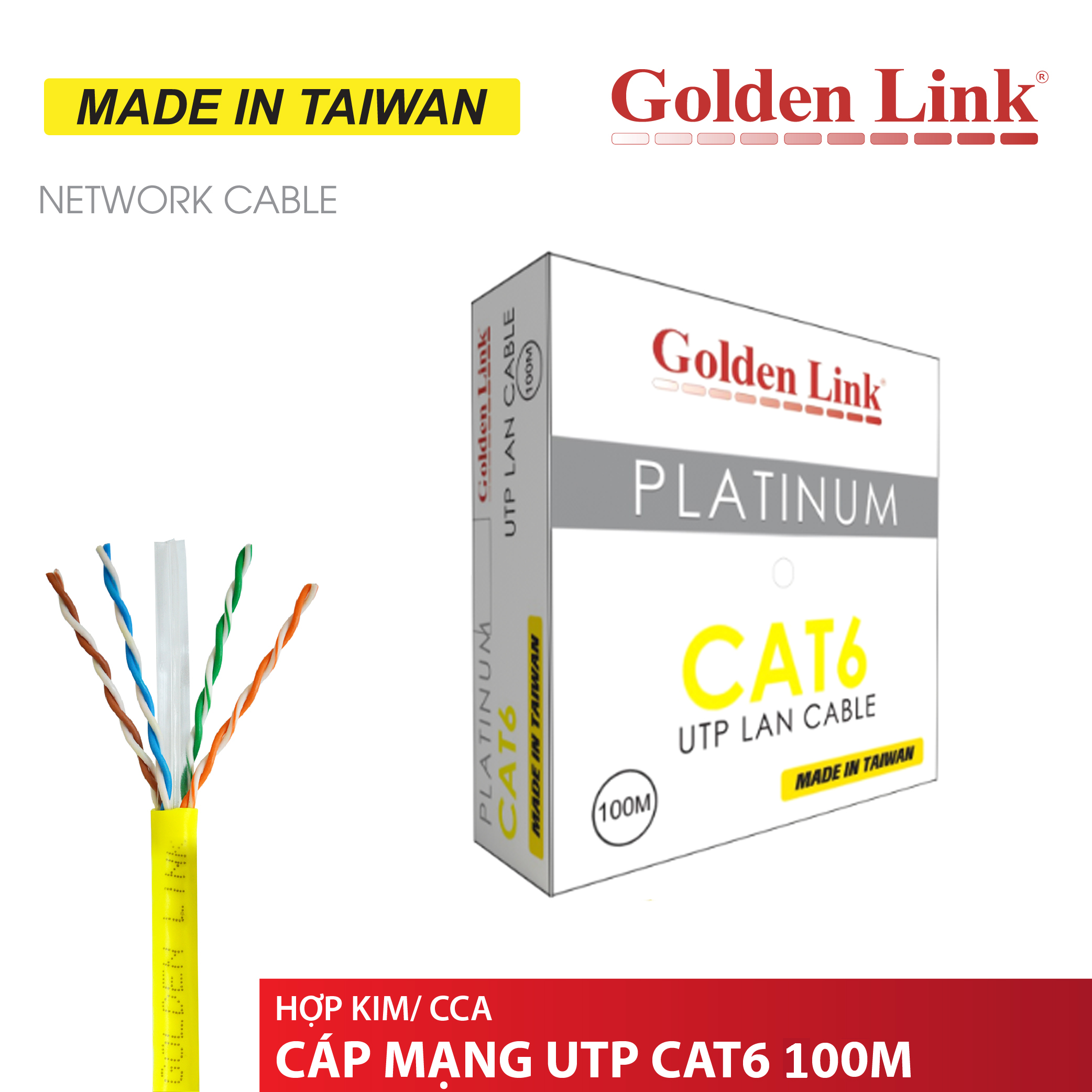 CÁP MẠNG GOLDEN LINK PLATINUM SFTP CAT 6 (VÀNG MADE IN TAIWAN) CUỘN 100 MÉT