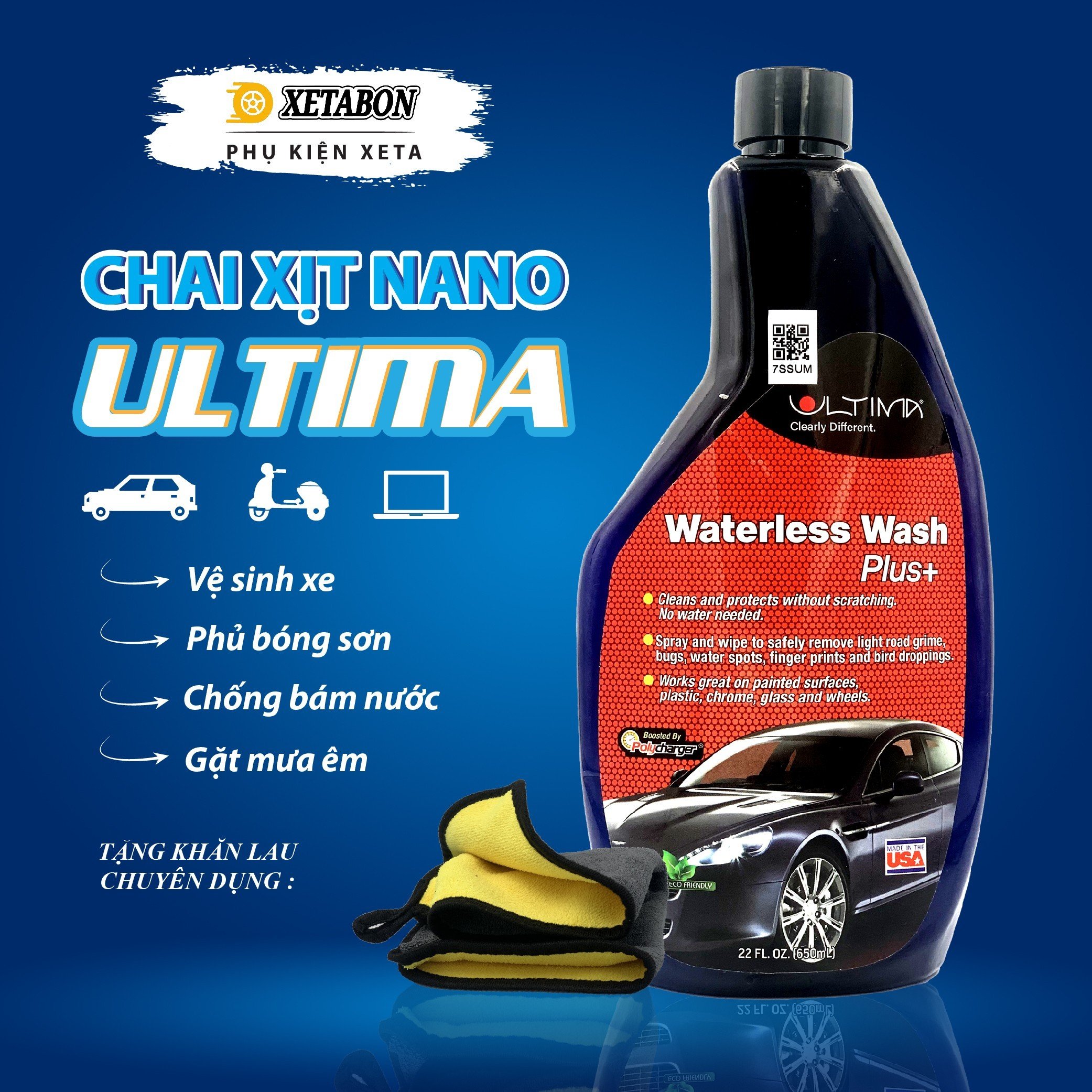 Chai xịt nano dẻo Ultima 650ml , 200ml Vệ sinh Phủ bóng, Chống bám nước kính cho ô tô, nước rửa kính ô tô, phủ nano chống bám nước Tặng khăn chuyên dụng