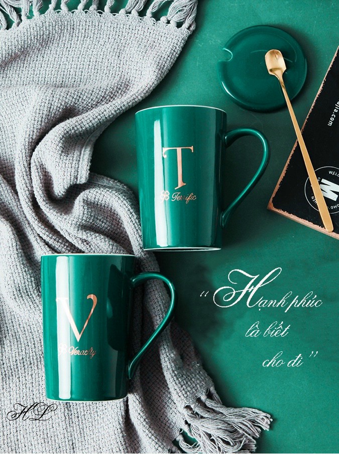 Ly cốc sứ có nắp xanh cổ vịt in chữ vàng kim cao cấp
