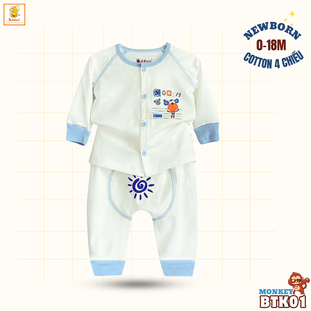 Đồ bộ bé trai BABIBOO quần áo sơ sinh dài vải cotton 4 chiều mềm mịn, mát BTK01