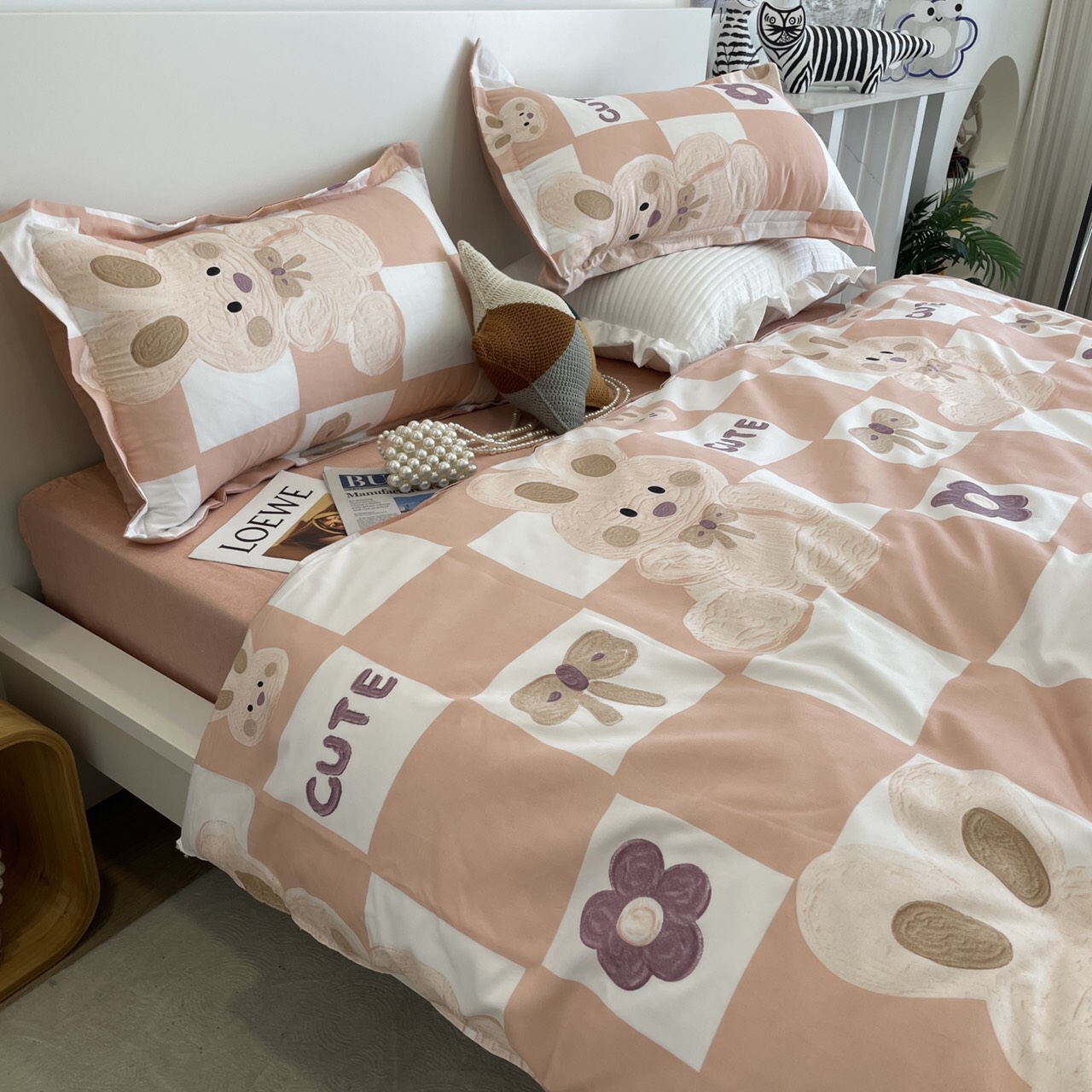 Bộ chăn ga gối cotton poly - Mẫu gấu hồng