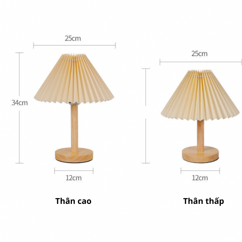 Đèn ngủ để bàn thân gỗ chụp xếp ly