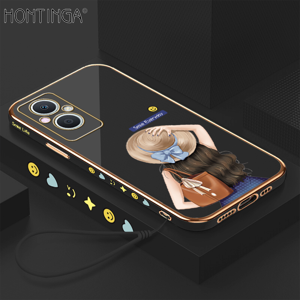 Hontinga Casing Case For OPPO Reno 7Z Reno7 Z A96 5G Case Fashion Cute Hat Girl Luxury Chrome Plated Soft TPU Square Phone Case Full Cover Camera Protection Anti Gores Rubber Cases For Girls