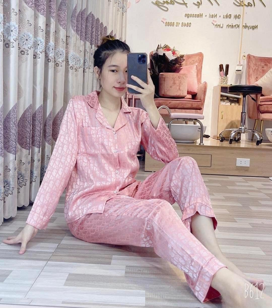 Bộ Pijama Lụa Gấm Cao Cấp Áo Tay Dài - Quần Dài