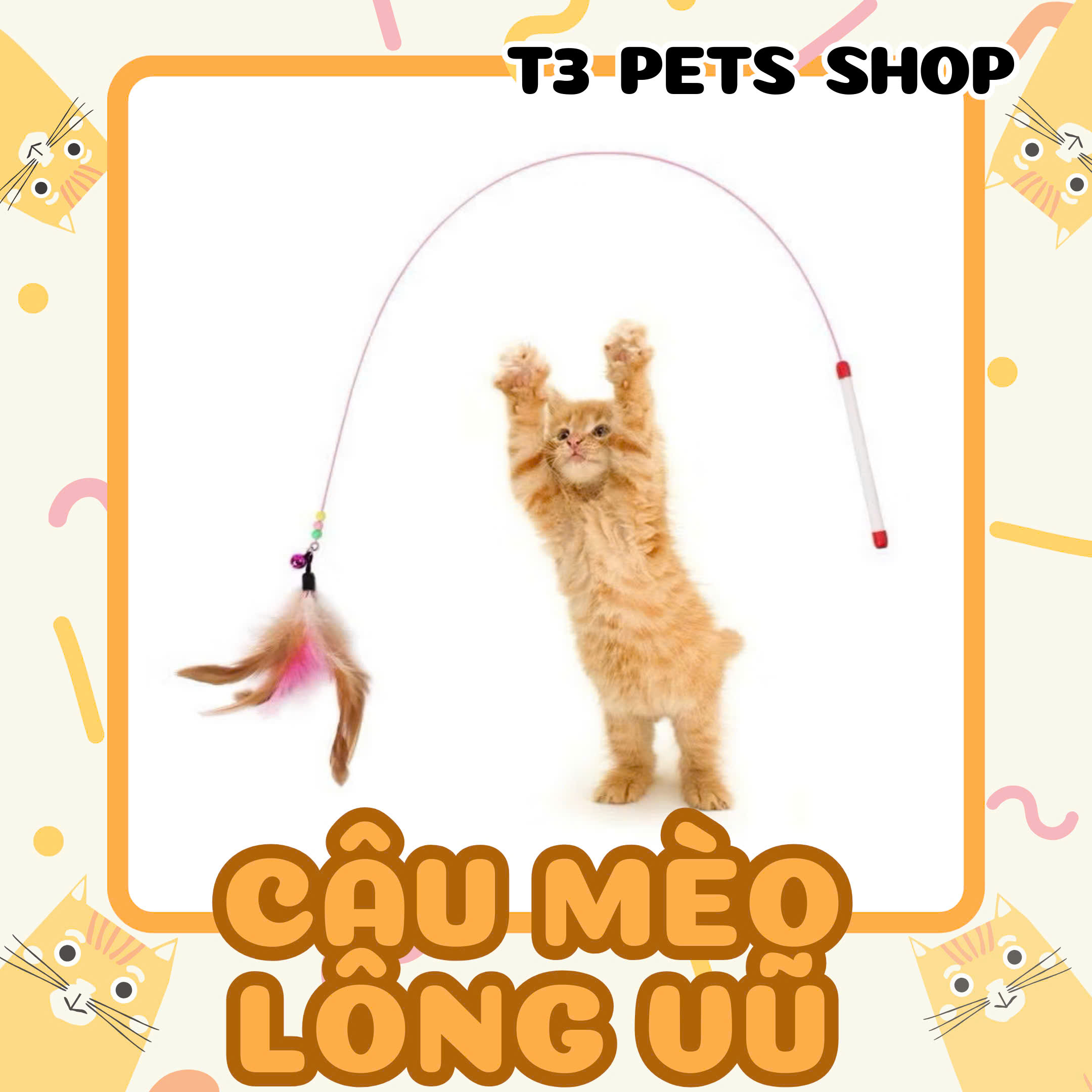 đồ chơi Cây câu mèo dài và lông vũ bằng thép - T3 PETS SHOP