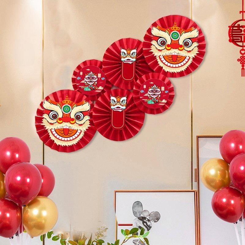 Set 6 quạt giấy tròn đầu lân trang trí lễ tết