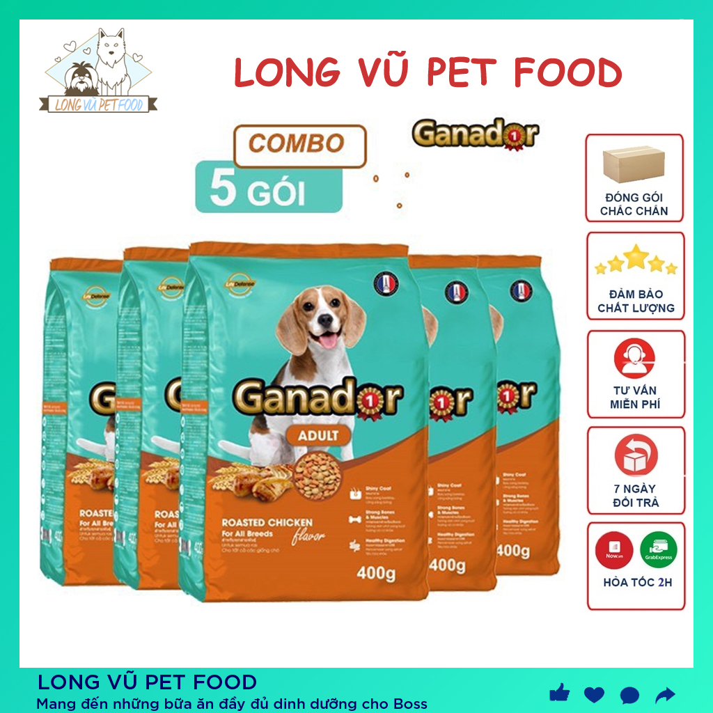 Combo 5 gói Thức ăn cho chó lớn Ganador 400g  vị Gà nướng - Hạt cho chó trưởng thành trên 1 tuổi - Long Vũ Pet Food