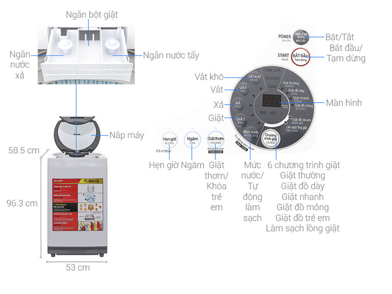 [FreeshipMAX] [Trả góp 0%]Máy Giặt SHARP 7.8 Kg ES-W78GV-G Lồng đứng( Miễn phí giao hàng TPHCM-Ngoại tỉnh tính phí vận chuyển)