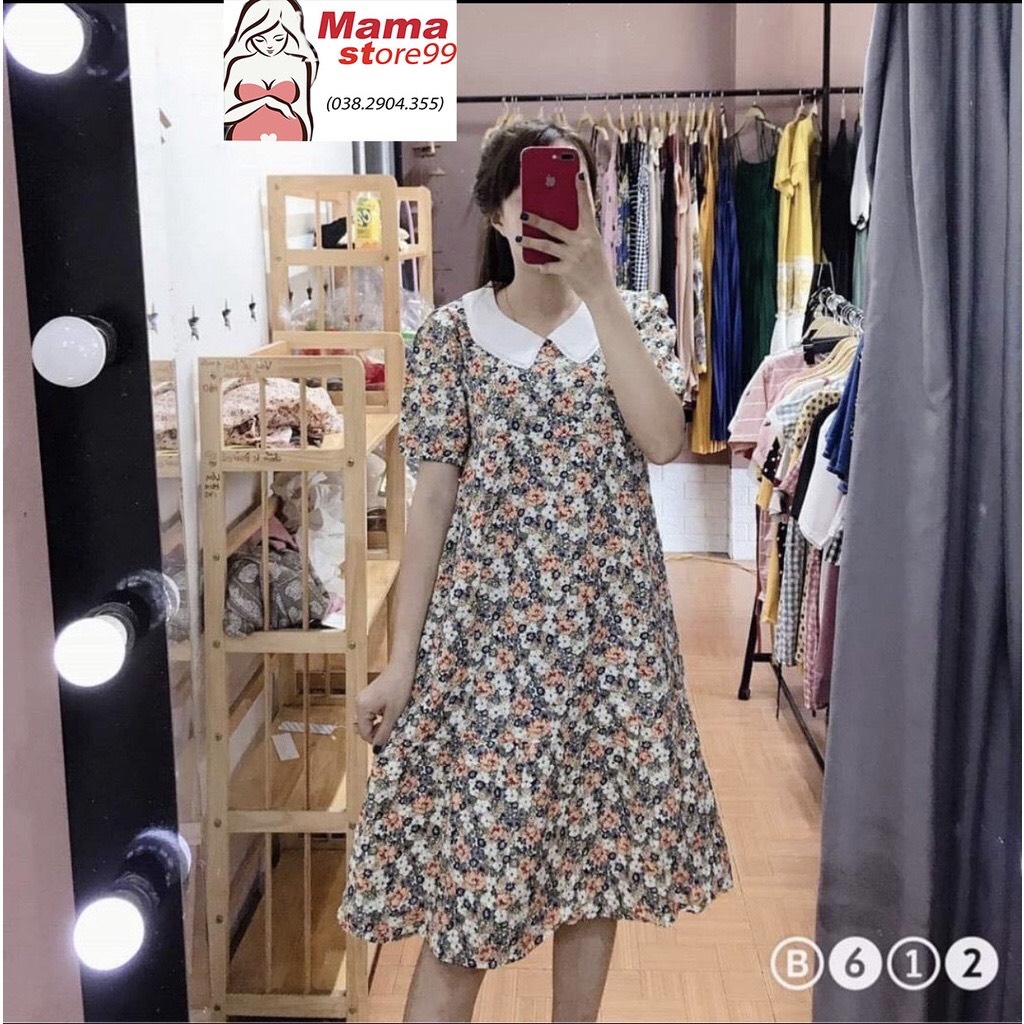 Đầm bầu hoa nhí dáng xòe cổ sen