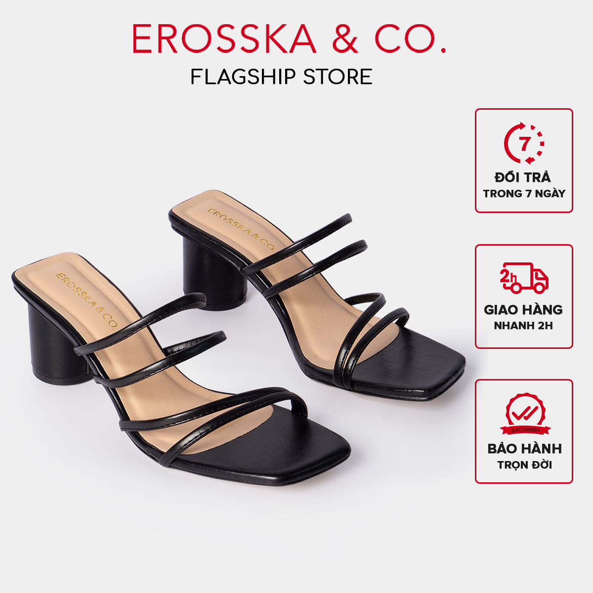 Dép cao gót thời trang Erosska mũi vuông gót tròn phối dây quai mảnh kiểu dáng đơn giản cao 6cm màu đen - EM038