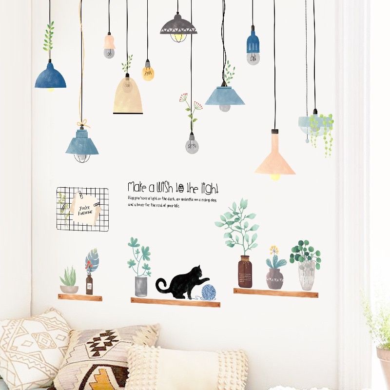 Decal dán tường đèn thả và chú mèo