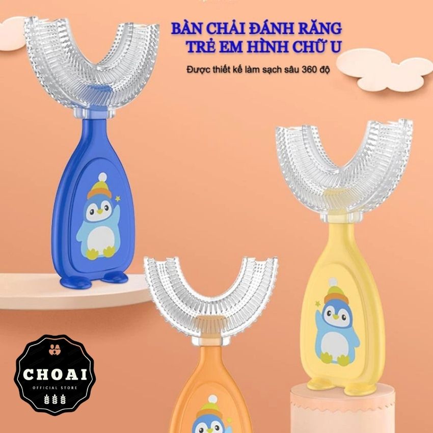 Bàn Chải Đánh Răng Trẻ Em Chữ U Hoạt Hình Chim Cánh Cụt 2-6 tuổi Chất Liệu Silicon Thực Phẩm Siêu Mềm Cao Cấp 360 Độ Ôm Sát Hàm Răng An Toàn Cho Bé, Giúp Trẻ Thích Đánh Răng