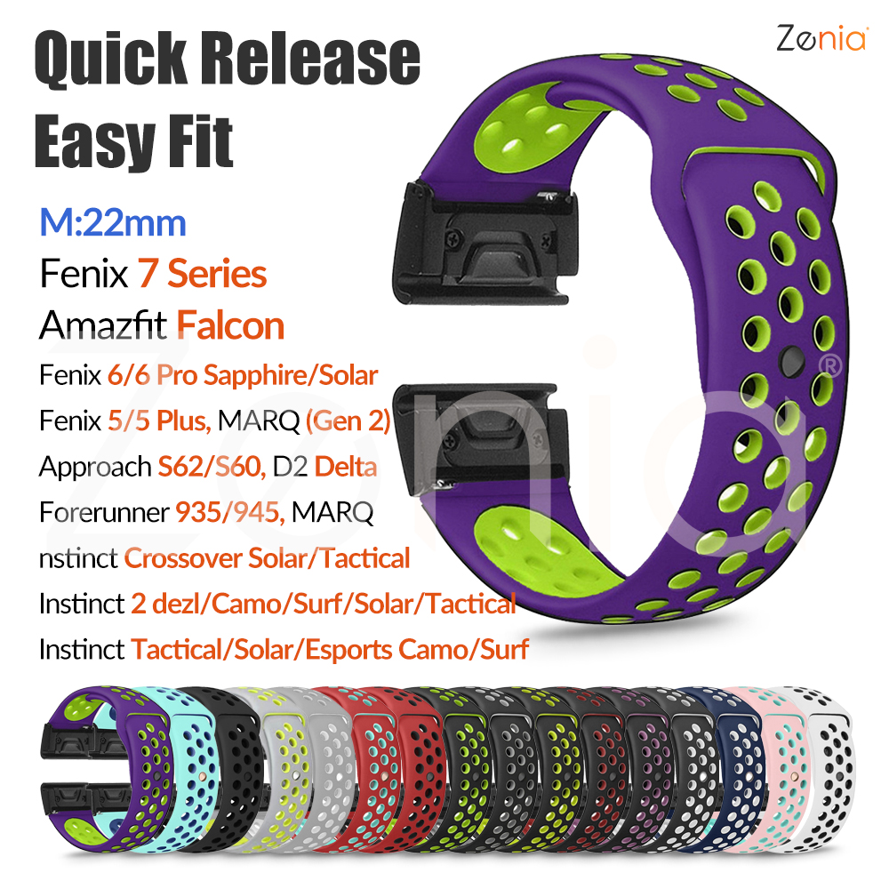 Zenia 22MM Quick Release Easy fit Breathable Soft Silicone Watch Strap for Garmin Instinct Crossover Tactical/Esports/Solar dezl Camo Surf Forerunner 945/935 Fenix 7 6 Pro Sapphire 5 Plus Quatix Approach S62/S60 MARQ D2 Delta Epix Gen 2 Amazfit Falcon