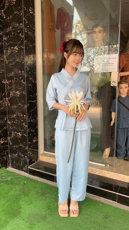 Đồ Lam Đi Chùa #Bộ lụa pháp trơn 1 nút# Quần Áo Nữ