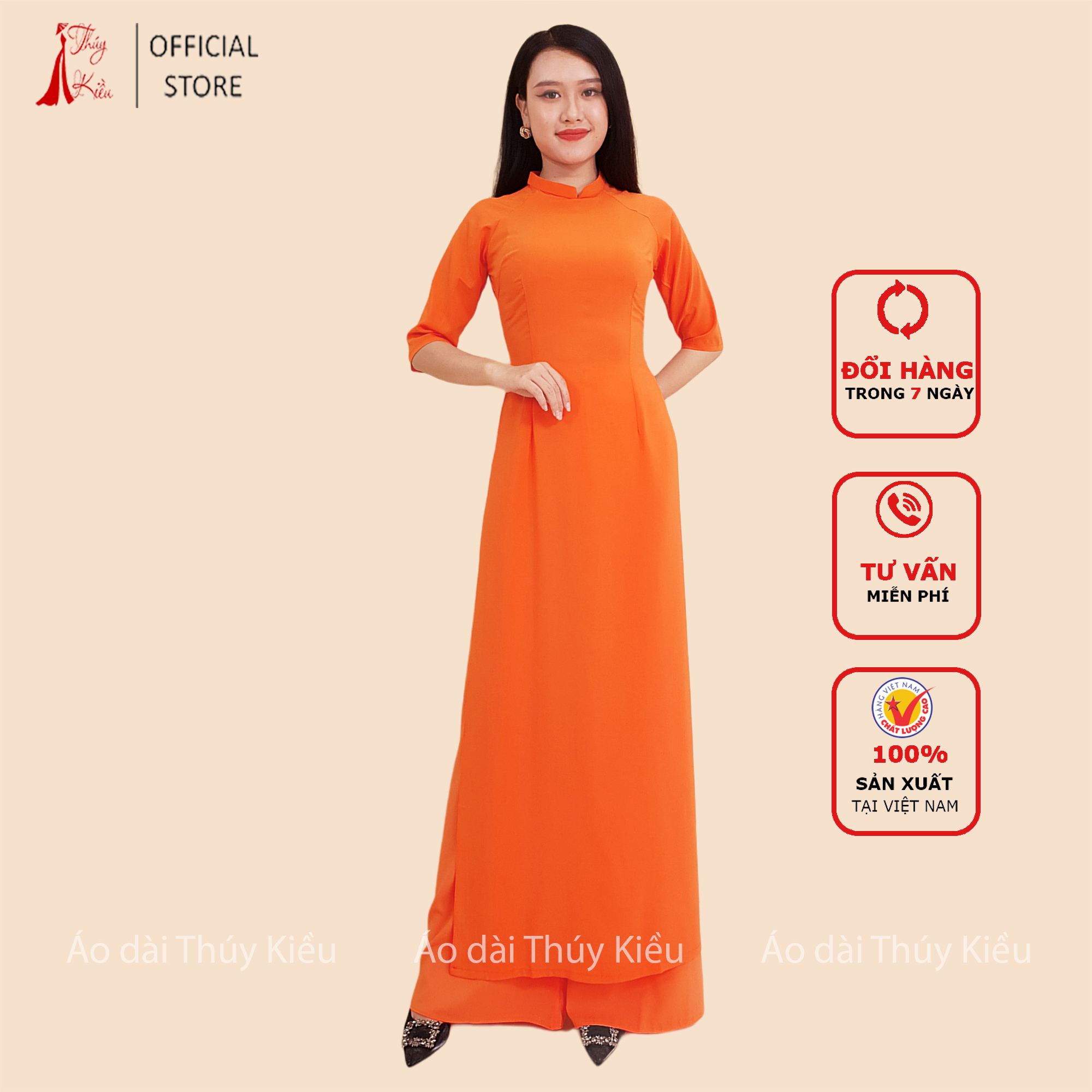 Áo dài trơn lụa Nhật cổ 2 CM màu cam cà rốt AK37 ❤️FREESHIP❤️ mềm mại, co giãn, thấm hút mồ hôi, áo dài truyền thống, áo dài giá rẻ