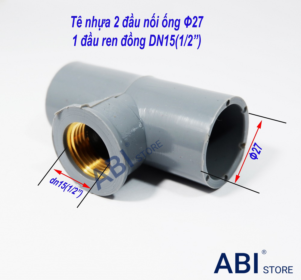 Tê nhựa ren đồng dn15(1/2''-phi 21), T ren trong đồng dn20(3/4''-phi 27), 1 đầu ren trong, 2 đầu nối ống