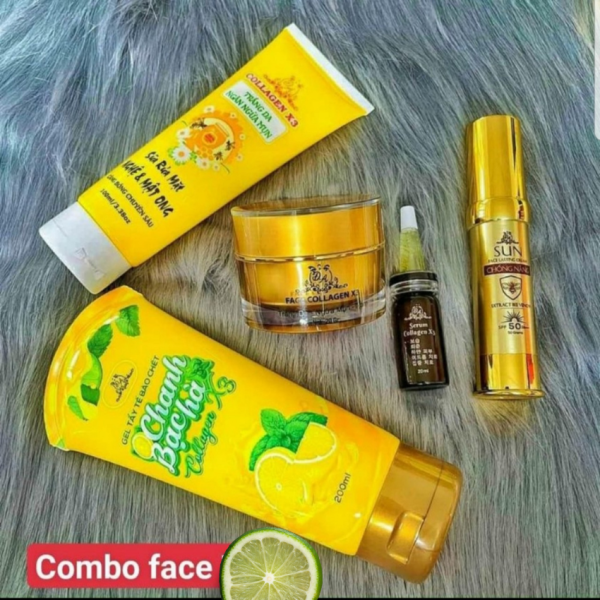 Combo kem dưỡng da Face Collagen X3 + Serum Dưỡng Collagen X3 + Sửa rửa mặt nghệ mật ong + Tẩy tb chết chanh bạc hà Collagen X3 chính hãng mỹ phẩm Đông Anh - Daizy Cosmetics - Dưỡng trắng da giảm thâm nám tàn nhang, làm sạch da giá rẻ