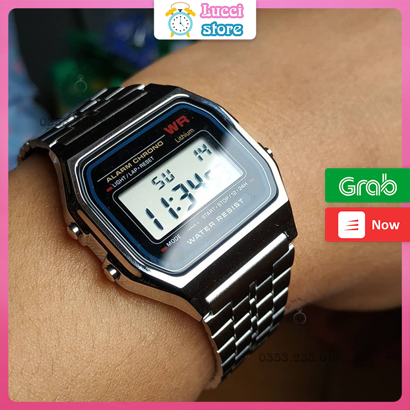 Đồng hồ casio điện tử A159, đồng hồ nam nữ dây thép không gỉ cao cấp full box thiếc