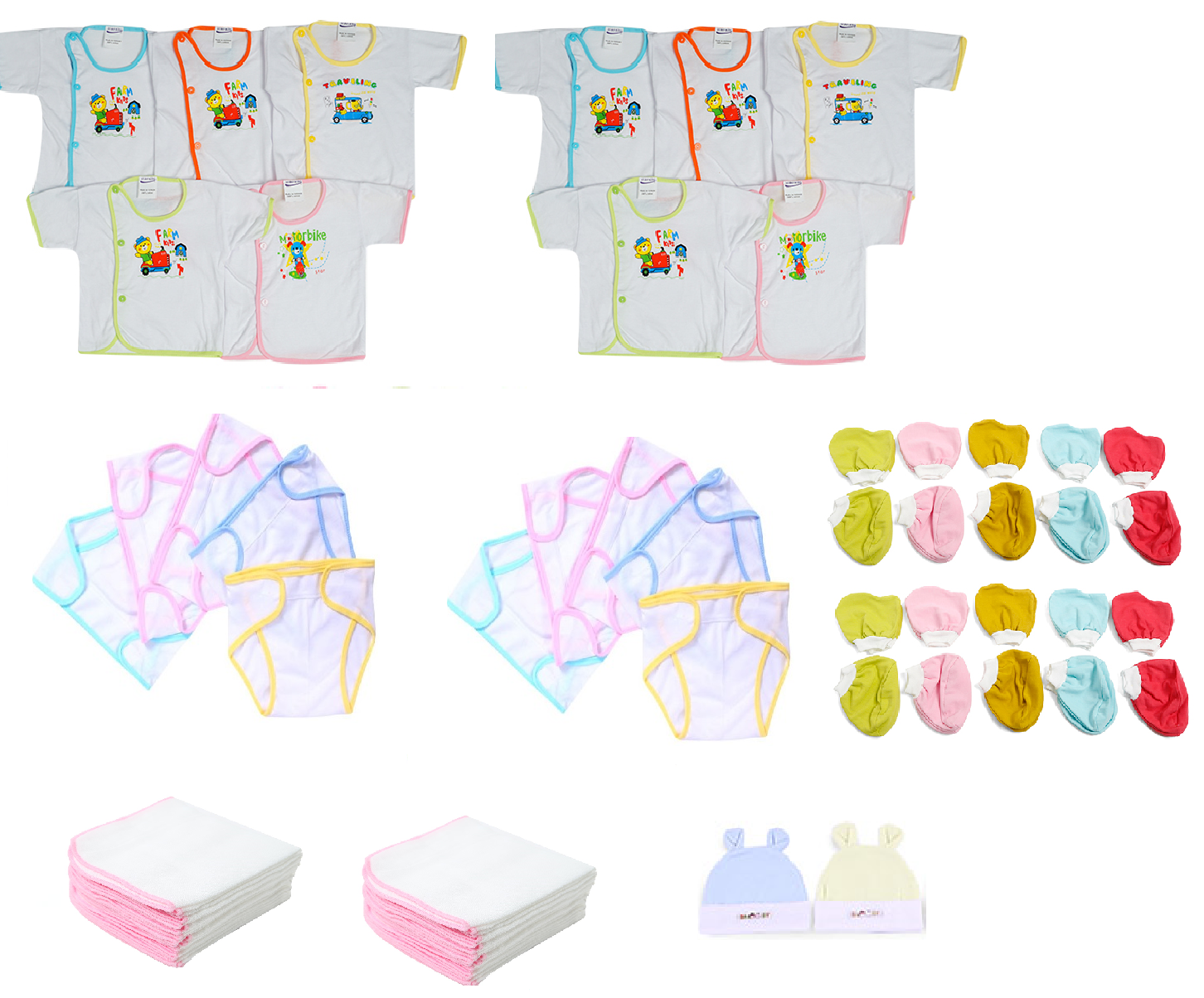 [tặng vòng dâu tằm ] set 52 món đồ dùng cho bé sơ sinh( 10 áo + 10 tã + 10 khăn + 10 cặp bao tay + 10 cặp bao chân +2 nón)