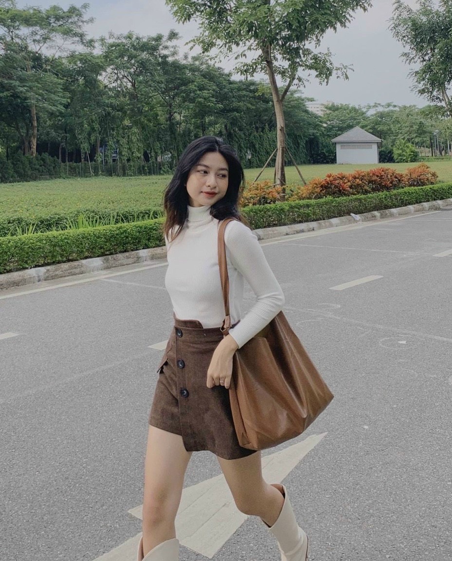 Chân Váy Nhung Nữ Lưng Cao phối cúc siêu tôn dáng .